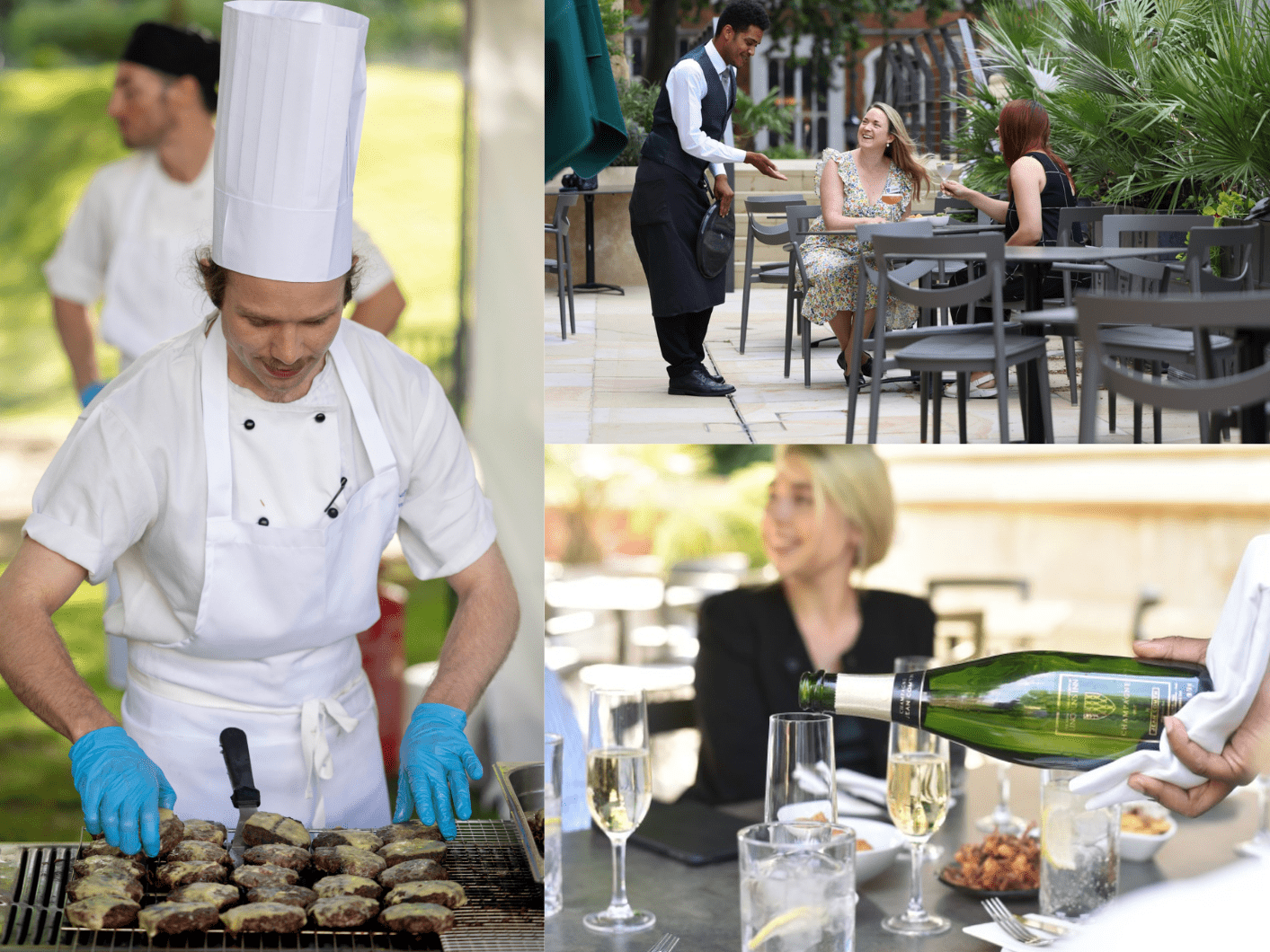 3 images displaying outdoor summer events. The first image is a chef cooking a BBQ with burgers, the second image is a waiter serving guests a drink sat on the terrace, the third image is a waiter pouring champagne into a glass