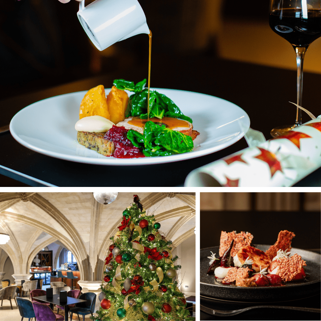 A collage of images promoting Christmas in a restaurant. Images display Christmas lunch, a cocktail, a decorated Christmas tree in a bar