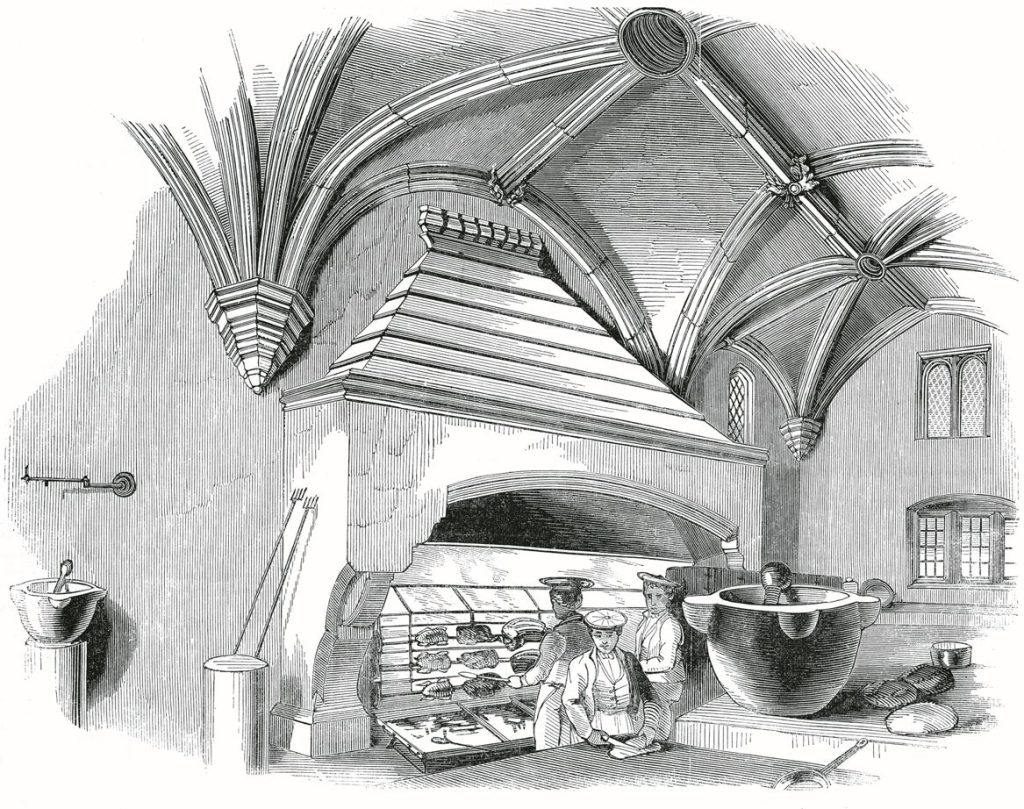 Black and white illustration of people working in kitchen